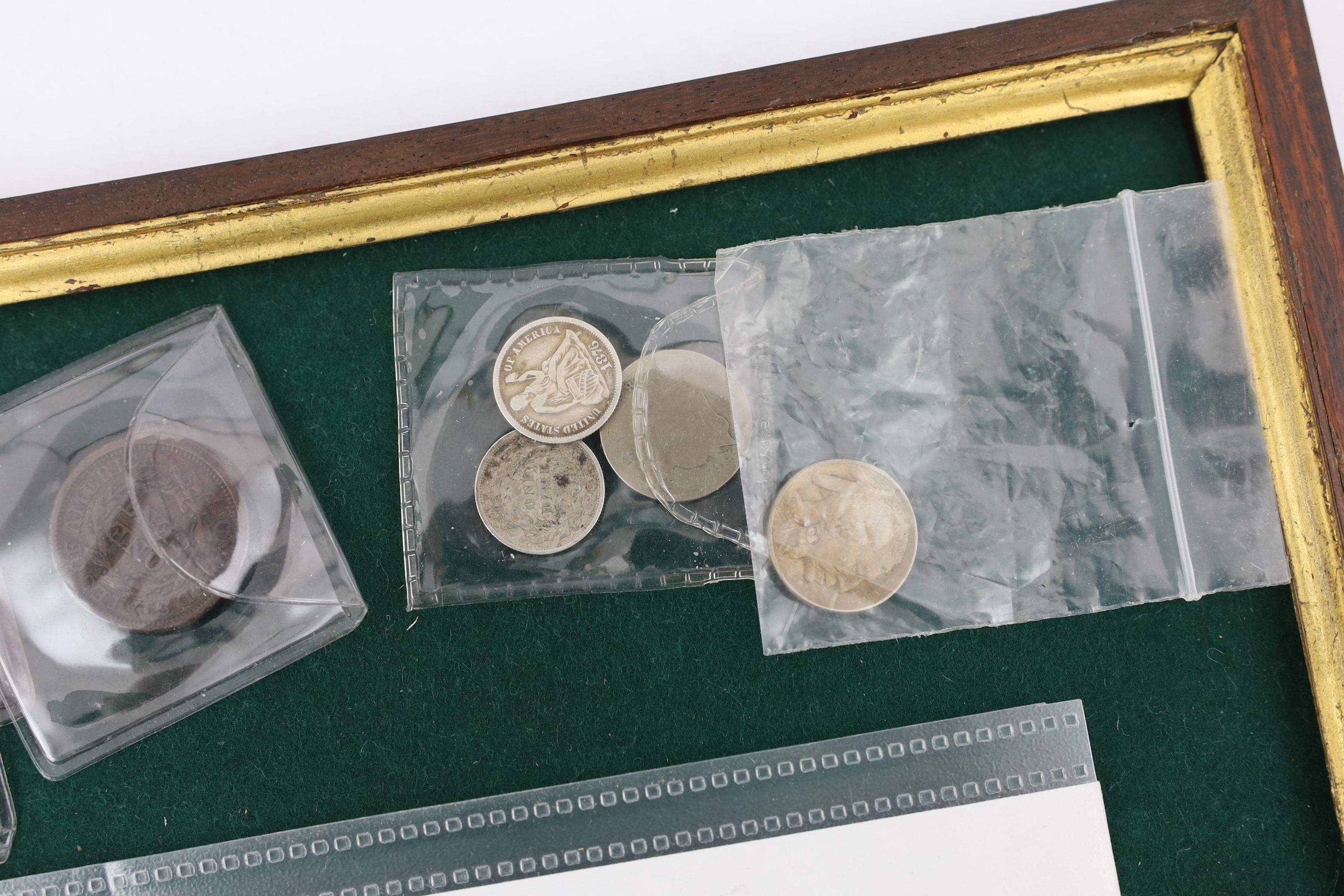 US coins, Queen Isabella quarter dollar 1893, about UNC, Liberty head one cent 1844, VF, various Indian head one cents, five cents